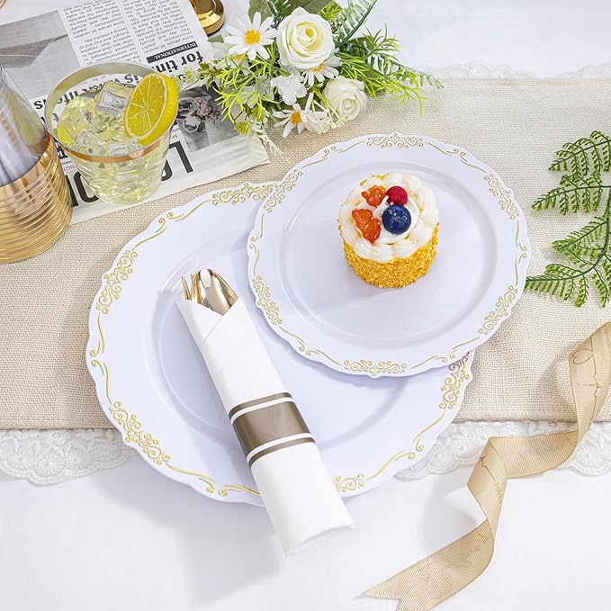U-QE 350PCS Gold Plastic Plates - Disposable Dinnerware Set for 50 Guests - White and Gold Plates and Napkins Party Supplies include 100 Plate, 150 Silverware, 50 Cups, 50 Napkins for Weddings&Party