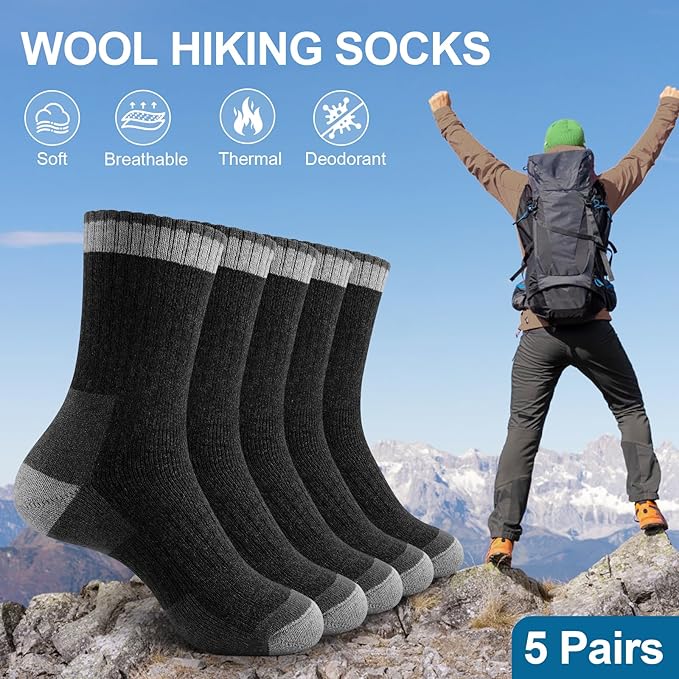 UUMIAER Merino Wool Socks for Men Hiking Thermal Warm Winter Crew Socks Thick Cushion Moisture Wicking Socks 5 Pairs