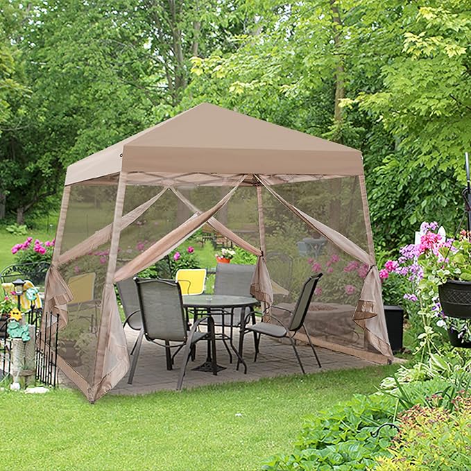 EAGLE PEAK 10x10 Slant Leg Easy Setup Pop Up Canopy Tent with Mosquito Netting 64 sqft of Shade, Beige
