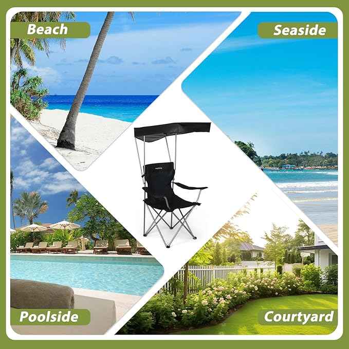 Camping Chair 2 Pack Portable Camping Chair with Canopy,Folding Chair with Canopy, Durable 600D Oxford Canopy Chair for Camping, Beach, Picnics, Fishing & Sports,Black