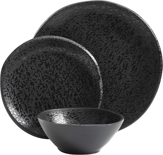 Gibson Home Yoko Round Melamine Plastic Dinnerware Set, Service for Four (12pcs), Matte Black