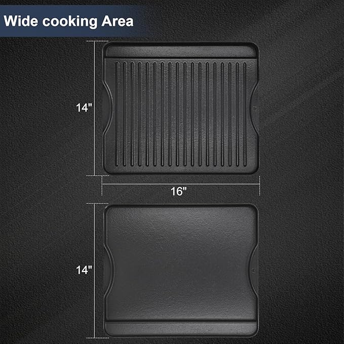 Criditpid Flat Griddle Top Plate Replacement Parts for Gas Stove, Charcoal, Electric, Propane, Gas Grill, 14" x 16" 2-in-1 Reversible Pre-Seasoned Cast Iron Cooking Griddle for Camping Tailgating.