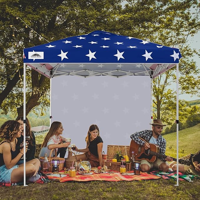 EAGLE PEAK Pop Up Canopy Tent with 1 Sidewall, Easy Setup Event Tent, Outdoor Sun Shade, Wheeled Carry Bag, Stakes and Guy Ropes, Instant Canopy 8x8, American Flag