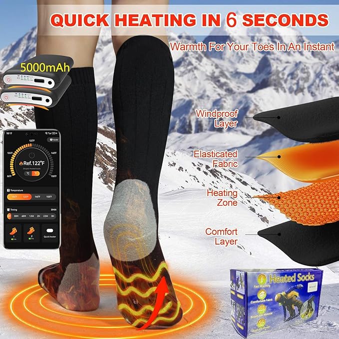 Heated Socks with App Control 5000mAh*2 Rechargeable Electric Heated Socks for Men Women Up to 9 Hours Washable Warm Socks for Outdoor Work Skiing Hunting Riding Hiking Cycling Camping Gifts