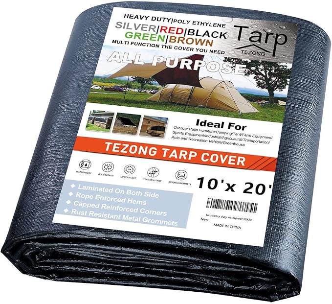 TEZONG Tarps Heavy Duty Waterproof 10x20ft,Black Plastic Tarps Multipurpose Outdoor Tarp Cover Poly Tarpaulin 12MIL Thick for Emergency Rain or Sun, Roof, Patio Furniture, Firewood, Canopy