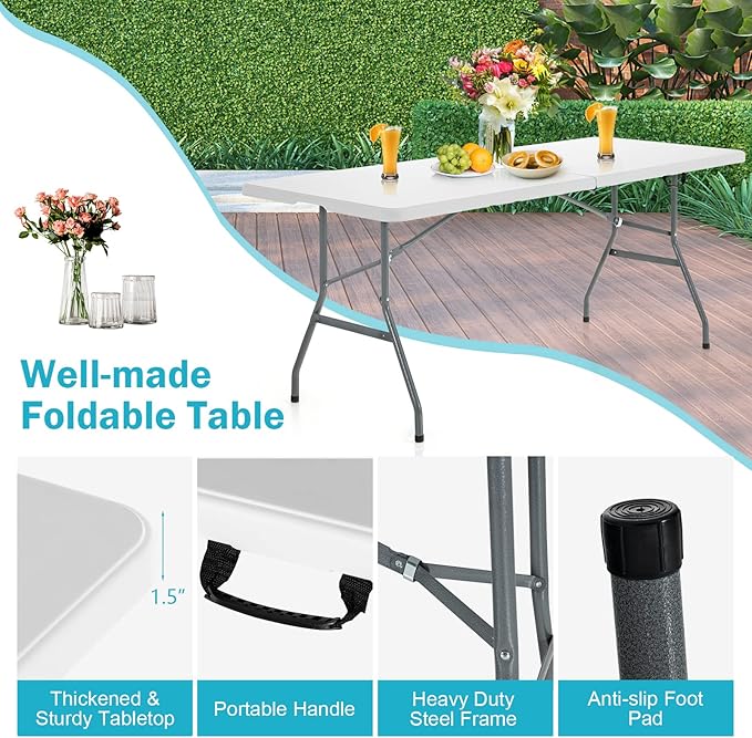 GYMAX 6FT Folding Tables, Portable Lightweight Camping Table with Carry Handle, Easy Fold Up Indoor/Outdoor Collapsible Table for Camp, Picnic, Patio (Basic White No Umbrella Hole)