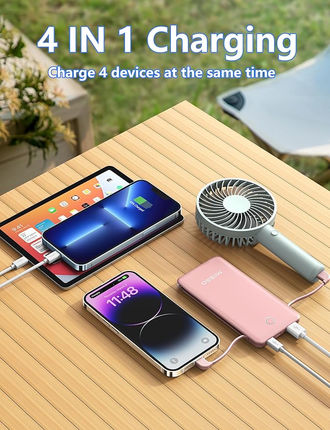 miisso 10000mAh Slim Portable Charger with Built in Cable, Power Bank Travel Charger External Battery Pack for Phone, 4 Output USB Type C Cord Clutch Charger Compatible with iPhone, Light Pink