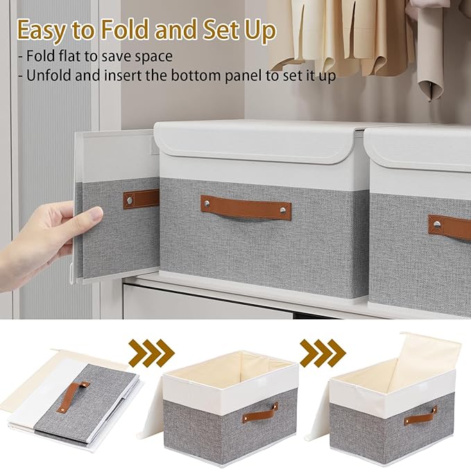 Yawinhe Collapsible Storage Bin, Cube Organizer Basket, Fabric Box with Lids, Washable and Leather Handle, for Home, Closet, White/Grey, 13.0''Lx9.0''Wx7.9''H, 1-Pack, SNK024WGS-1