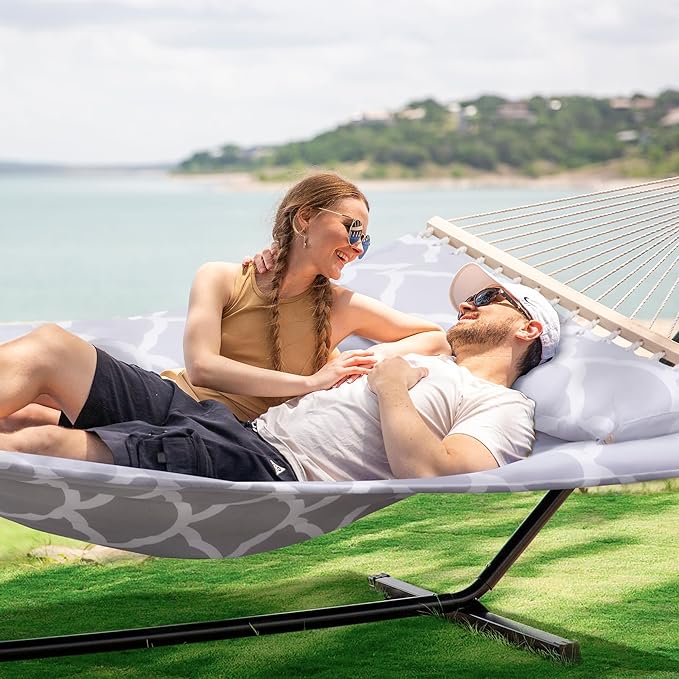 SUNCREAT Double Hammock, Extra Large Quilted Fabric Swing with Hardwood Spreader Bars & Detachable Pillow, Heavy Duty, Perfect for Indoor/Outdoor Patio, Deck, Yard, Gray Cloud