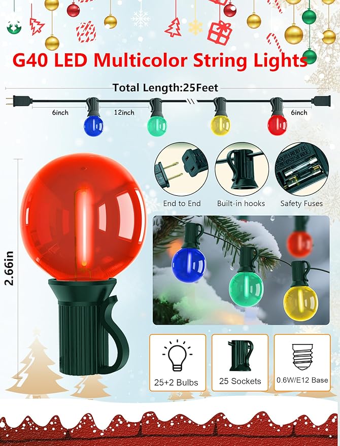 50Ft Multicolor Christmas Decorations Lights G40 Globe Outdoor String Light with 27 Shatterproof Colorful Bulbs, Hanging Patio Lights Waterproof for Backyard Porch Balcony Wedding Party Roofline-Green