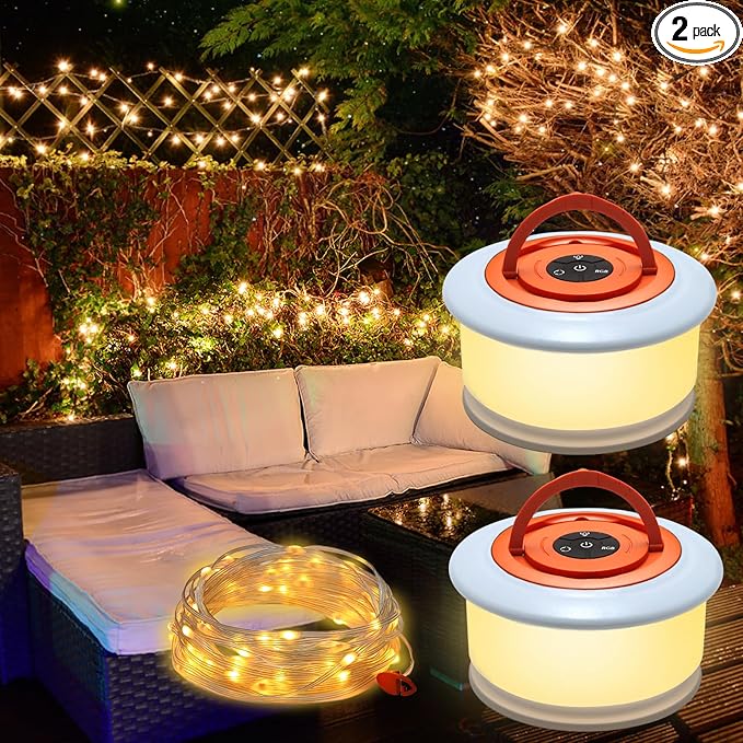 2 Pack Camping Lights String - 2 in 1 Upgraded 32.8ft Rechargeable 19 Lighting Modes Tent Lights for Camping, Quick Storage&Portable LED Lamp for Outdoor Patio Awning Garden Party Decor Essentials