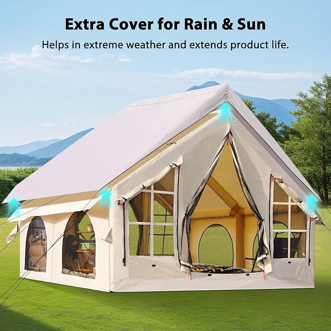 2025 Upgraded Waterproof Inflatable Camping Tent, Large Blow-Up Air Tent, No Assembly Needed Luxury Glamping House, Oxford Fabric