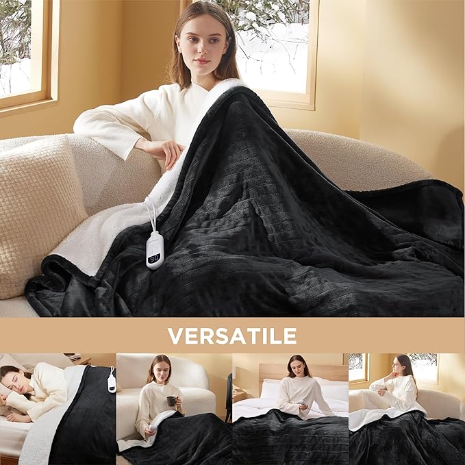 Bedsure Heated Blanket Throw Blanket - Fast Heating Electric Blanket, Soft Flannel Heated Throw with 4 Time Settings, 6 Heating Settings, Warm Gifts for Grandma Grandpa (50x60 inches, Black)
