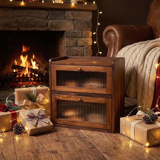 Sunhoo Bread Box for Kitchen Countertop Wooden Bread Storage Container Bin 2 Layer Breadbox Holder Large Capacity Keeper Vintage Farmhouse Food Organizer Pantry Shelf Acrylic Window (Brown)