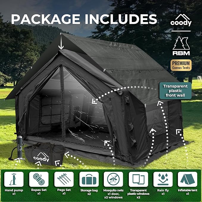 Coody | Rbm Outdoors Koala/Hub/Octopus Inflatable Tents for Camping with Stove Jack, 2/8/10 Person Luxury Canvas Blow Up Tent, 2 Room, Easy Setup Casa de Campaña, Large Inflatable House with Pump