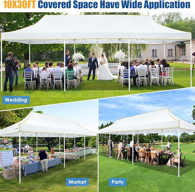 HOTEEL 10x30 Pop up Canopy Tent for Parties, Heavy Duty Easy Setup Tent Without Sidewalls, Outdoor Commercial Instant Gazebo for Wedding Event, with Portable Bag, White(Hexagonal Frame)