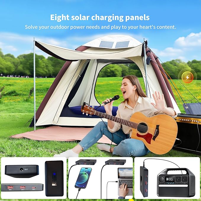 Cow-HQUS Camping Tents 4 Person, Pop Up Tents for Camping, Family Auto-Inflating Instant Pop Up Folding House with Screen Porch, Dome Large Inflatable Tents for Camping/Hiking/Beach(Solar Tent)