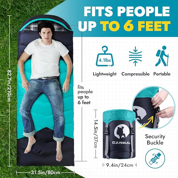 CANWAY Flannel Sleeping Bag for Adults & Kids - Camping & Backpacking - Cold & Warm Weather - Compression Sack