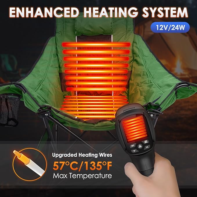 Suteck Heated Rocking Camping Chair, XL Oversized Rocking Chair Outdoor with 3 Heat Levels for Back and Seat, Heated Chairs Outdoor Sports W/20,000mAh Power Bank for Patio Lawn Picnic Travel