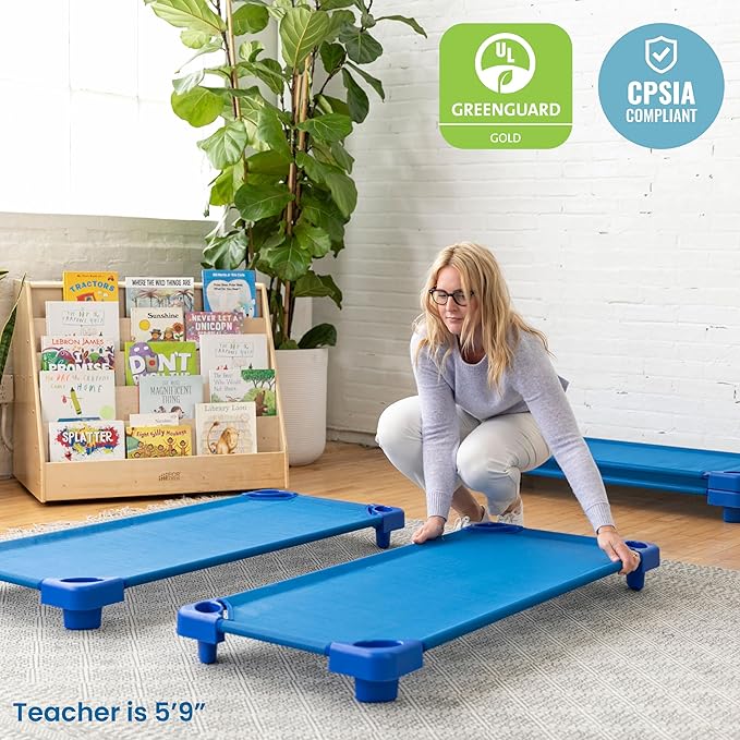ECR4Kids Stackable Kiddie Cot, Ready-to-Assemble, Standard Size, Classroom Furniture, Blue, 6-Pack