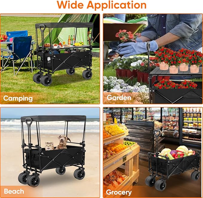 Collapsible Wagon with Table and Canopy, Large Capacity Wagons Carts, Beach Wagon with Big Wheels, Heavy Duty Beach Car Utility Wagon for Outdoor Park, Shopping, Sports, Camping, Garden