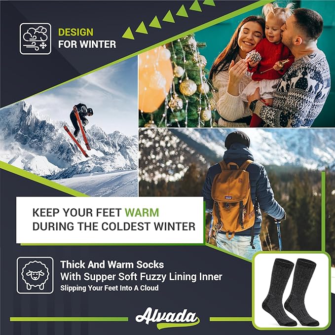 Alvada Mens Merino Wool Crew Socks Thermal and Warm Socks for Winter Work Hiking Running 3 Pairs