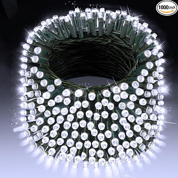 XURISEN 403FT 1000 LED Christmas Lights Outdoor Green Wire String Lights 8 Modes with Timer Memory Waterproof Fairy Light Plug in for Xmas Tree Wedding Yard Party Holiday Decorations(Cool White)
