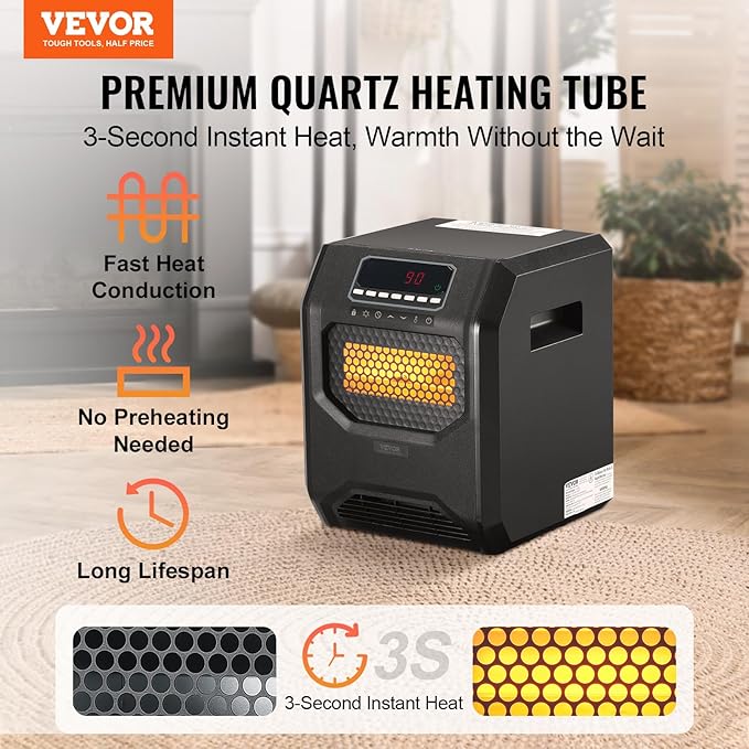 VEVOR Infrared Heater, 1500W Remote Control Electric Space Heater, LED Patio Heater w/ 3 Speeds & Timer & Overheat/Tip-Over Protection & Child Lock, for Bedroom,Living Room,Nursery,Studio,ABS