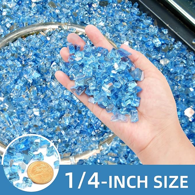 10 Pounds Fire Glass 1/4 Inch High Reflective Tempered Firepit Glass Rocks for Fireplace, Fire Pit Table, Fire Bowl and Landscaping (Pacific Blue)