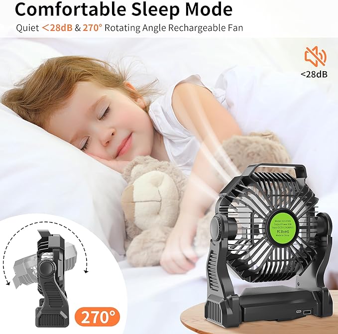 Rechargeable Portable Camping Fan for Tent with LED Light, 270°Pivot USB Personal Battery Powered Fan Outdoor Camping Essentials Battery Operated Portable for Travel X23 Black