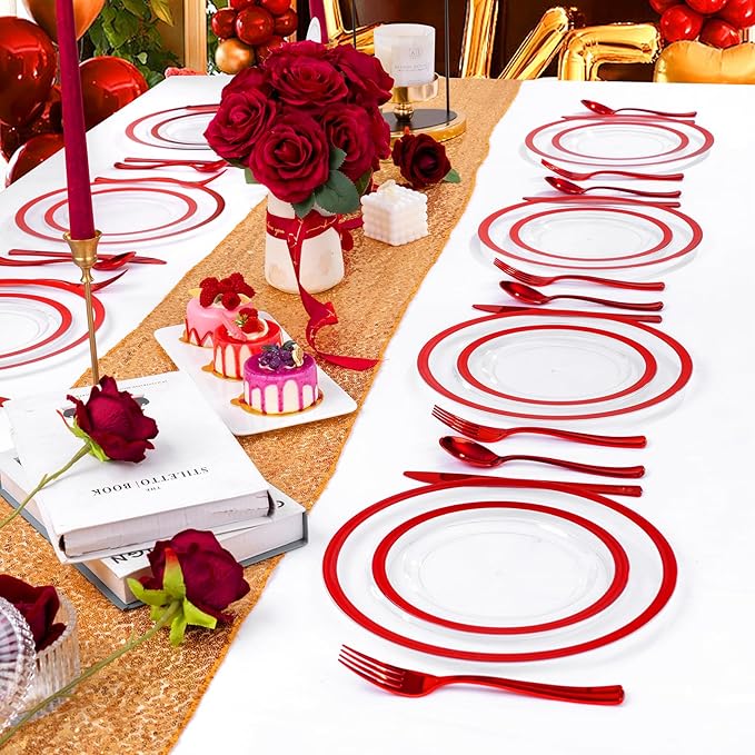 U-QE 200PCS Red Plastic Plates - Clear Red Plastic Plates Disposable Heavy Duty - Include 100 10" Dinner and 100 7" Dessert Platos for Party
