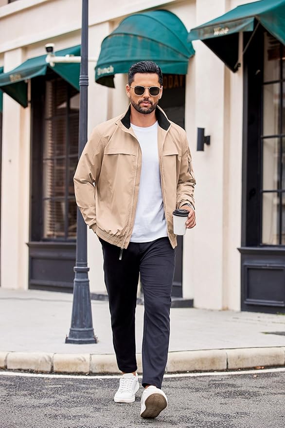 COOFANDY Mens Lightweight Bomber Jackets Stand Collar Windbreaker Softshell Jacket Zip Up Coat for Fall Outdoor