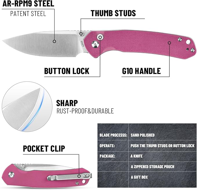 CJRB CUTLERY Pocket Knife Pyrite (J1925) EDC Small Folding Knife AR-RPM9 Steel Blade and G10 Handle Pink Outdoor for Women Men for Gifts