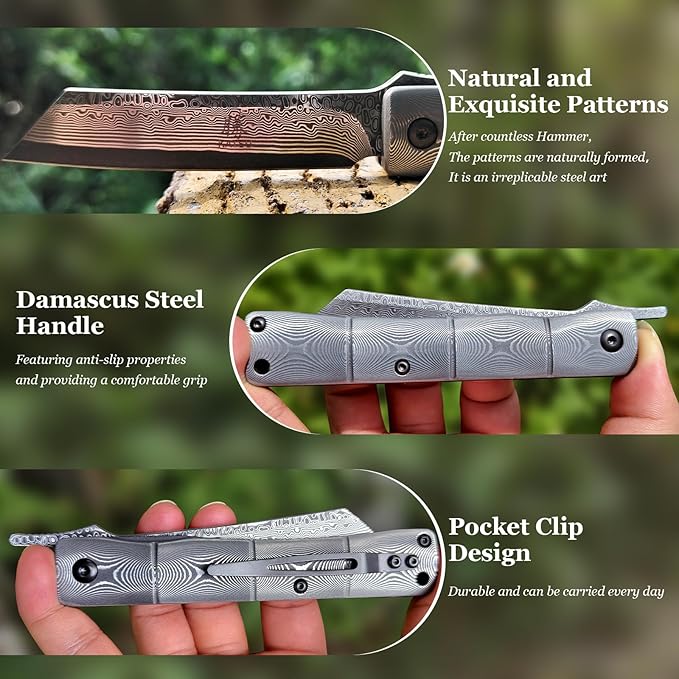 KATSU Handmade Full Damascus Pocket Knife,3" Damascus Blade Bamboo Style Men Women Folding Knife with Clip Linner Lock, Japanese Razor Work Knife with Leather Sheath Camping Hiking