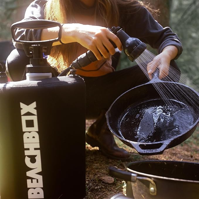 BeachBox Portable Shower Tank β Insulated Hot & Cold Water Tank for Camping, Beach, & Outdoor Adventures β 1.3 Gal Capacity β Multi-Spray Shower Gun β Easy Fill & Carry