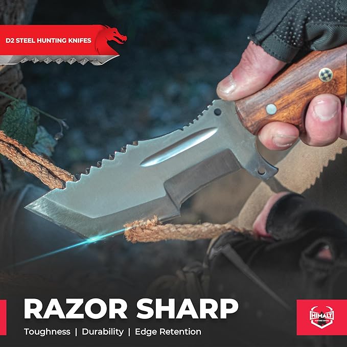 10" Handmade D2 Steel- Fixed Blade Hunting Knife With Sheath-Rosewood Handle-Full Tang Survival, Tactical, Camping, Bushcraft knife-Ideal For EDC-Outdoor-Best Hunting Knives For Men.