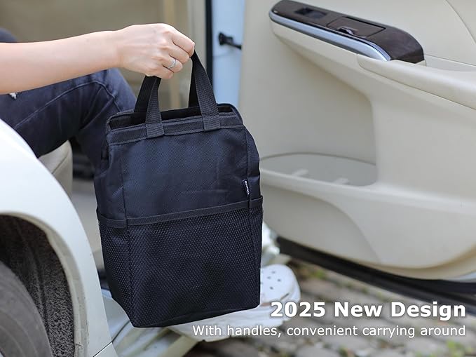 Ginsco New Leak-Proof Travel Trash Bag, Hanging Car Trash Can with Hook and Loop Lid and Handle, Multipurpose Trash Bin with Storage Pockets for Car SUV Truck RV Camping 2 Gallons, Black