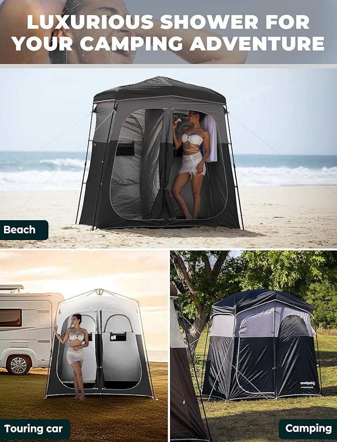 KingCamp Instant Shower Tent, Portable Superior Stable Privacy Shelter, 2 Large Rooms Outdoor Toilet Tent with Floor for Beach, Camping & Hiking, Setup in Under 60s