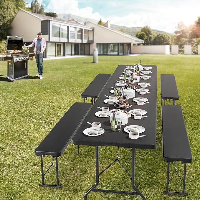 Plastic Folding Bench - Portable Bench Used for Indoor, Outdoor, Picnic, Party, Camping, Dining Seat, Garden Soccer Multipurpose Entertaining Activities, White (2, Black, 8 Feet)