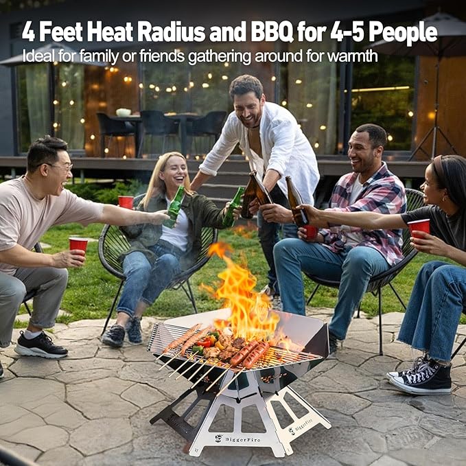 Foldable Portable Fire Pit,Stainless Steel Fire Pits with Charcoal Grill Net and Storage Bag,Camping Fire Pit Grill for Patio Outdoor Barbecue Campfire Bonfire (Large)
