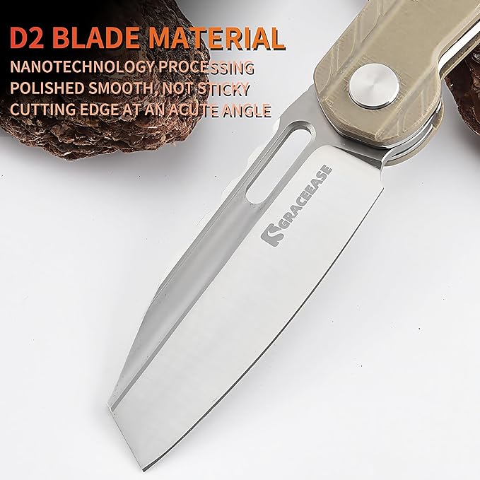 Folding Pocket Knife, 3.34 "D2 Steel BladeBlade G10 Non slip Handle Suitable for Daily Carrying Camping, Hiking, Fishing A-80003-2 (Khaki)