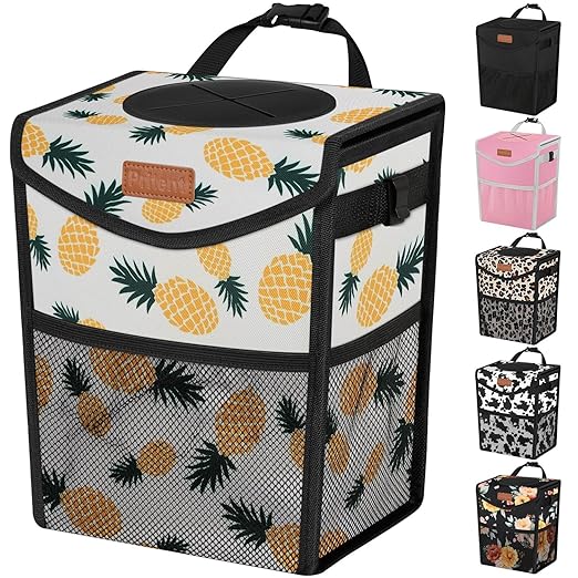 Car Trash Can with Lid, Cute Leakproof Car Trash Garbage Bag Hanging Vehicle Trash Bin Small Portable Automotive Garbage Cans Organizer for Back/Front Seat(Trapezoid,Pineapple Print
