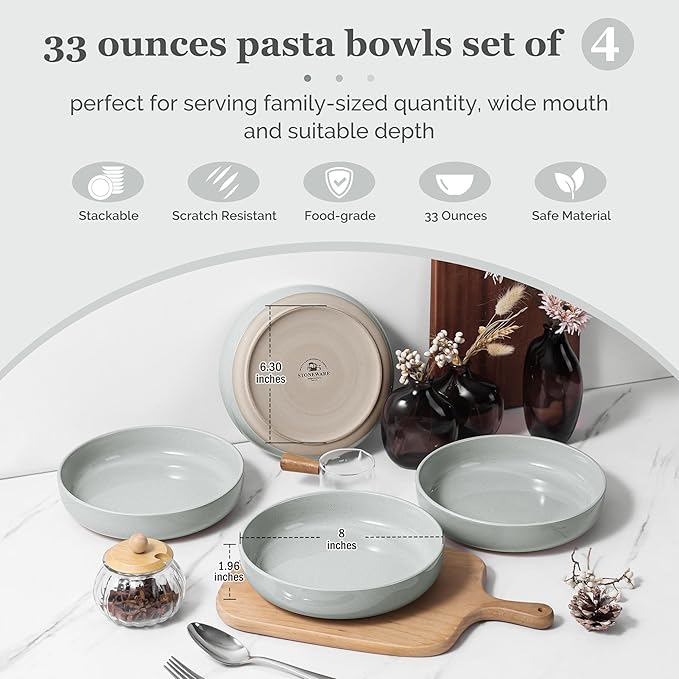 HaWare Pasta Bowls Set of 4, 33oz Large Salad Bowls for Home Kitchen, Ceramic Serving Plates for Soup, Cereal, Scratch-resistant Wide and Shallow Dinner Bowl, Microwave & Dishwasher Safe, Misty Grey
