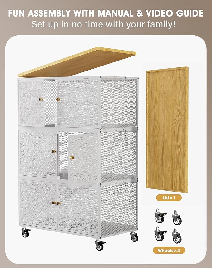 3 Tier Metal Storage Bins and Boxes Organizer, Magnetic Doors & 360°Swivel Lockable Wheels, Easy,labor-Saving, Ocean Life Cutout Pattern, Eco-Aesthetic for Living Room,Bedroom,bathroom,kitchen