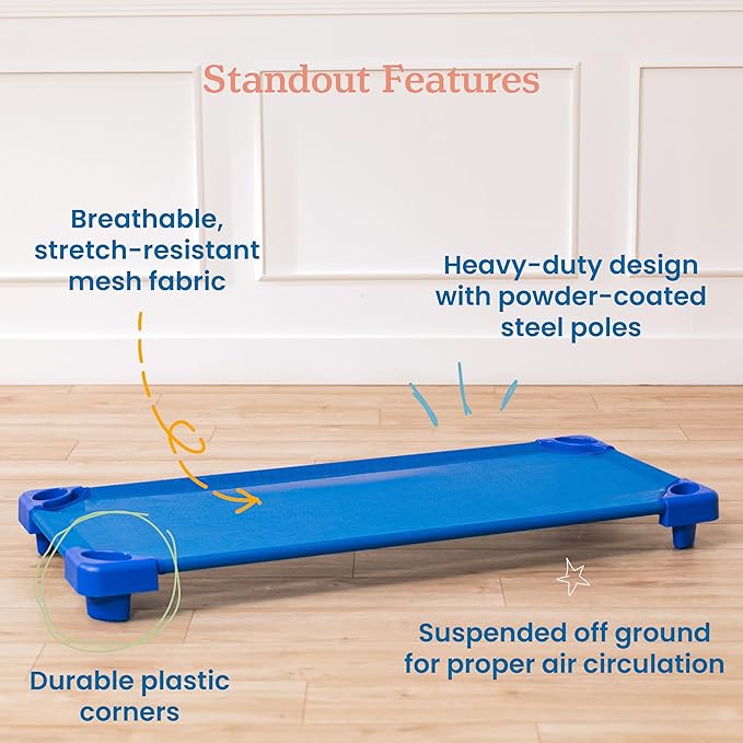 ECR4Kids Stackable Kiddie Cot, Ready-to-Assemble, Standard Size, Classroom Furniture, Blue, 6-Pack