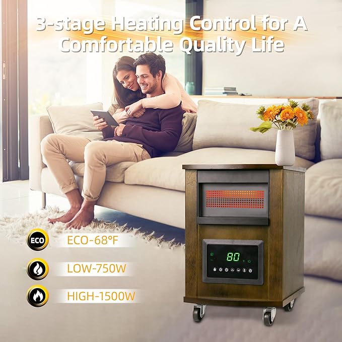 1500W Realsmart Space Infrared Heater for Indoor Use Large room Electric Quartz Heater with Remote Control Wheels LCD Display 3 Heating Modes 12H Timer Overheat Tip Over Protection Safe