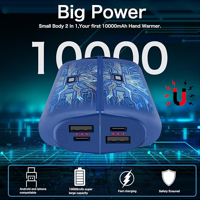 Hand Warmers Rechargeable 2 Pack,10000mAh Split-Magnetic Electric AI Handwarmer Power Bank,3 Levels, Camping,Hunting in Winter