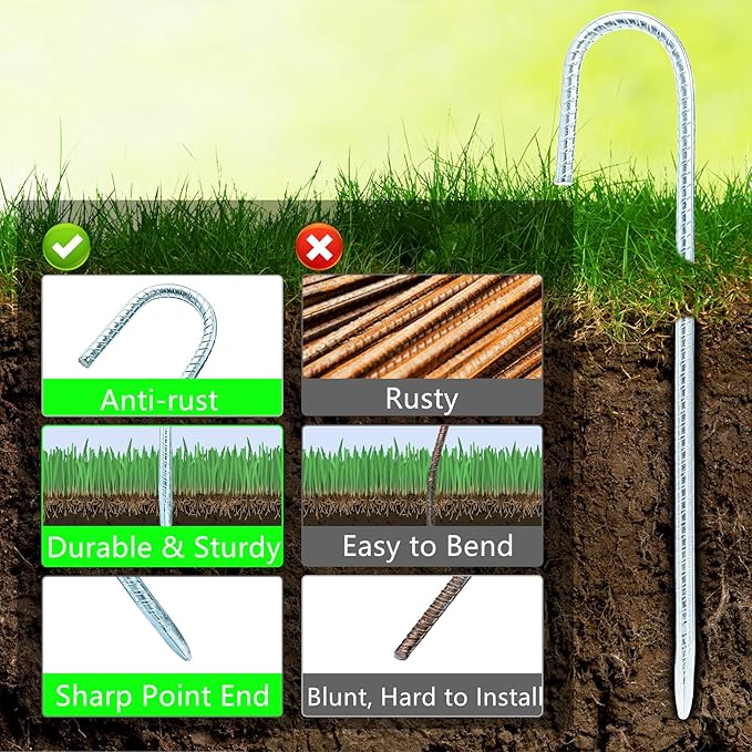 Hacaroa 16 Pack 12 Inch Rebar Stakes, J Hook Tent Stake Ground Anchors Heavy Duty, Galvanized Metal Garden Stakes Chain Link Fence Stakes for Trampoline, Canopy, Yard, Inflatables, Sharp Point End
