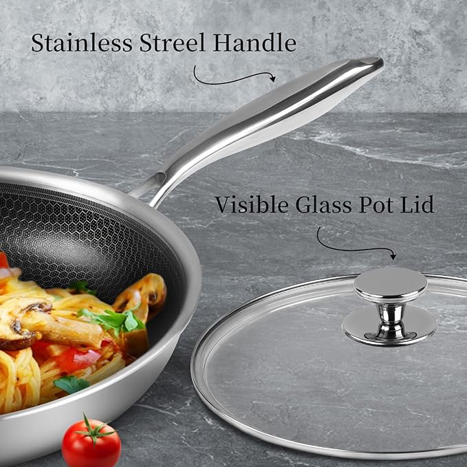 Innerwell Stainless Steel Frying Pan Nonstick Frying Pan with Lid 10 Inch Honeycomb Stainless Steel Skillet Woks Pan for Gas Electric Induction Ceramic Stoves and Oven