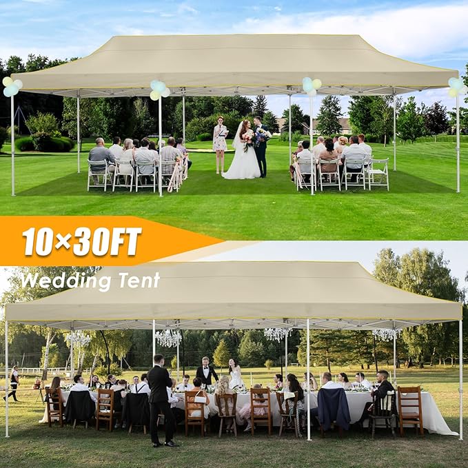 HOTEEL 10x30 Heavy Duty Pop Up Canopy Tent for Parties Event Wedding Commercial Instant Canopy with Wheeled Bag, Party Tent Waterproof UV 50+&Windproof, Upgraded Thick Hexagonal Legs, Khaki